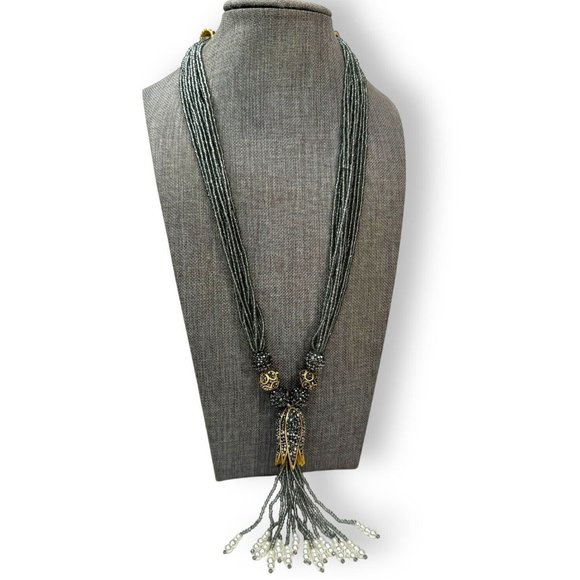 Gray Crystal Multi-Strand Faux Pearl Tassel Necklace 40” Adjustable - Picture 1 of 8